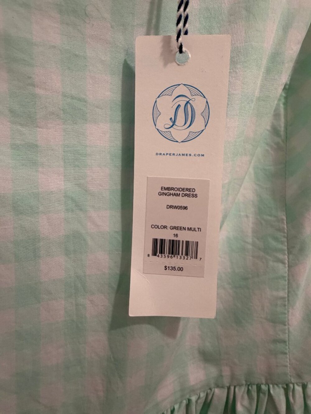 Draper James Green Gingham Embroidered Dress Size 16 NWT Eyelet Hem Cottagecore - Picture 4 of 8